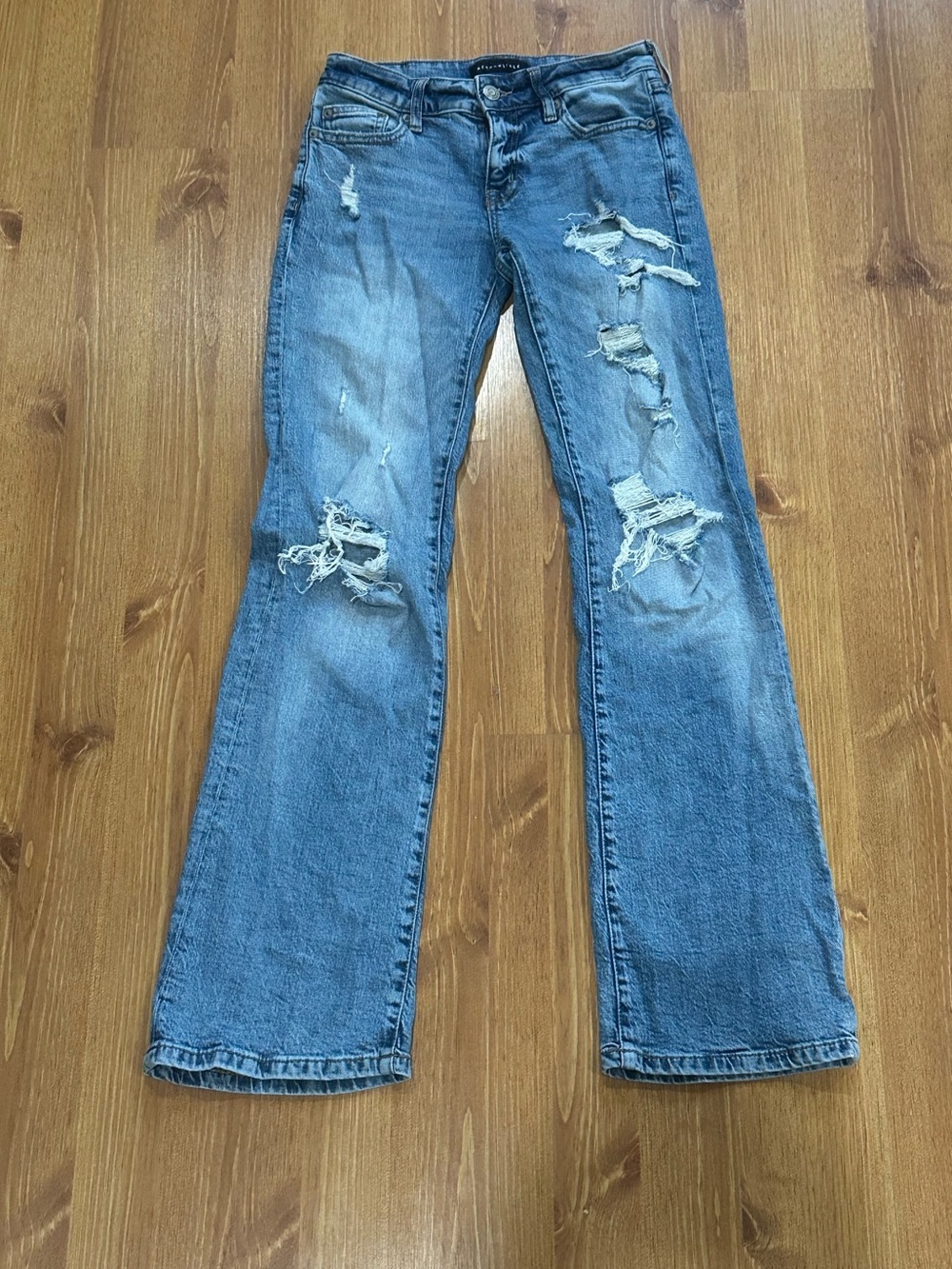 AERO AERPOSTALE Low Rise Flared Distressed Torn Blue Denim Jeans Women’s Size 0R